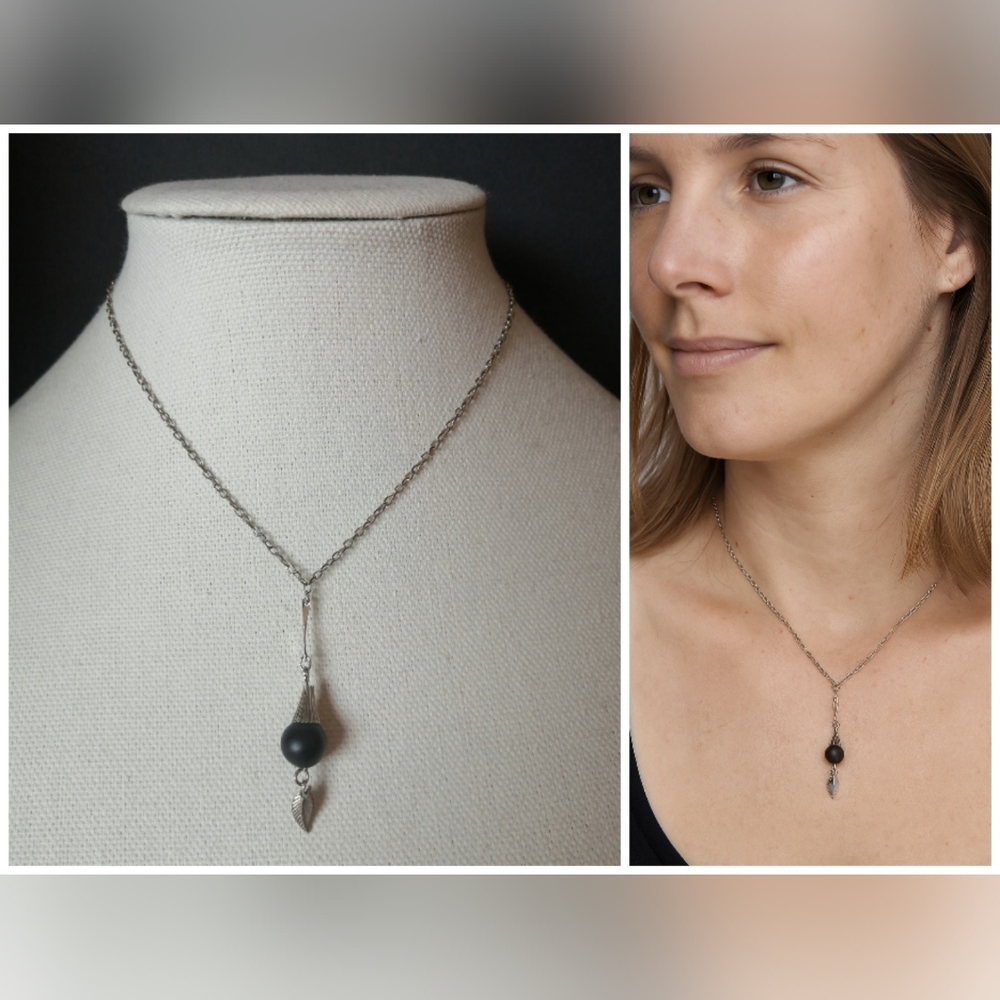 🔥5/$25🔥Minimalist Necklace Custom-Made Black Bead Silver Leaf